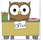 Owl cartoon sitting at office desk.