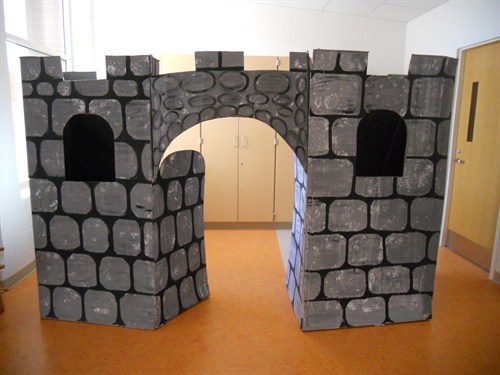 photo of cardboard castle used in Shakepeare play. 