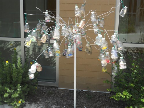 photo of bottle creation hanging like a tree in the courtyard. 