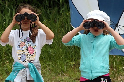 students looking through binoculars