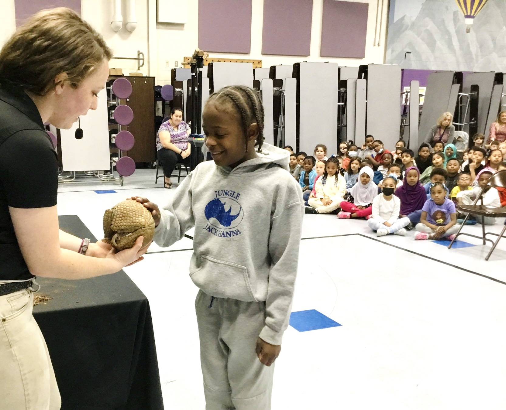 Student touching an armadillo