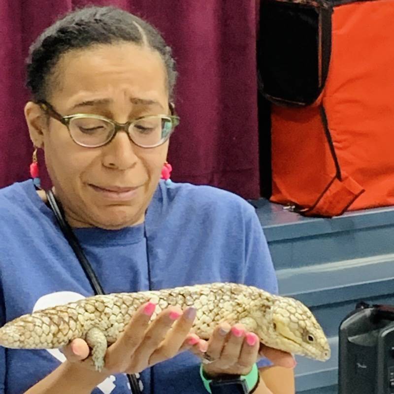 Staff holds reptile while looking anxious