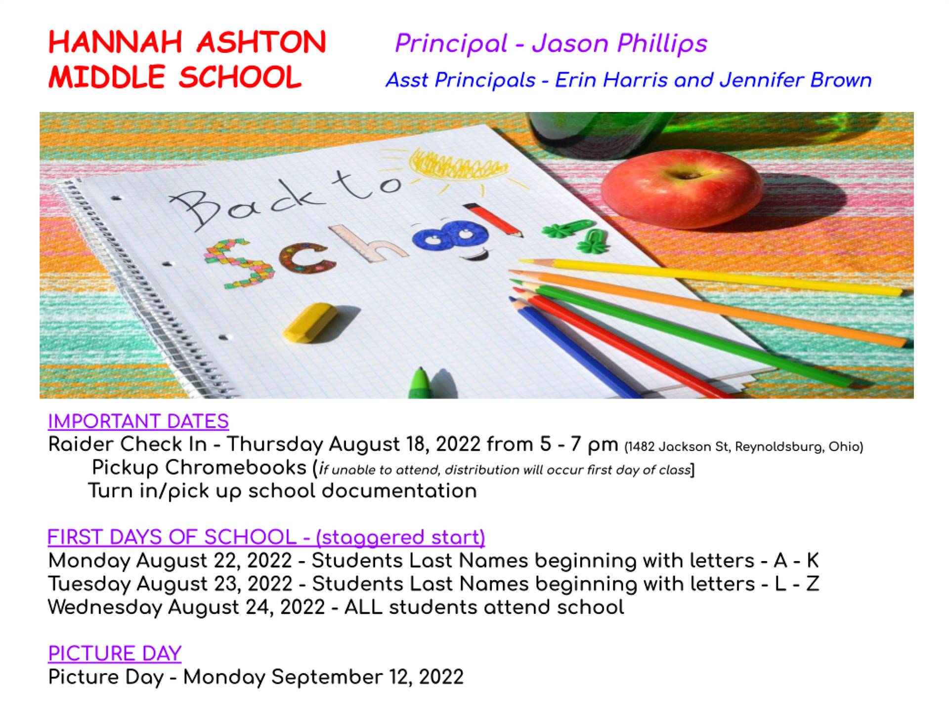 Image shows a notebook, colored pencils, an apple and says "Back to School." The information on the 