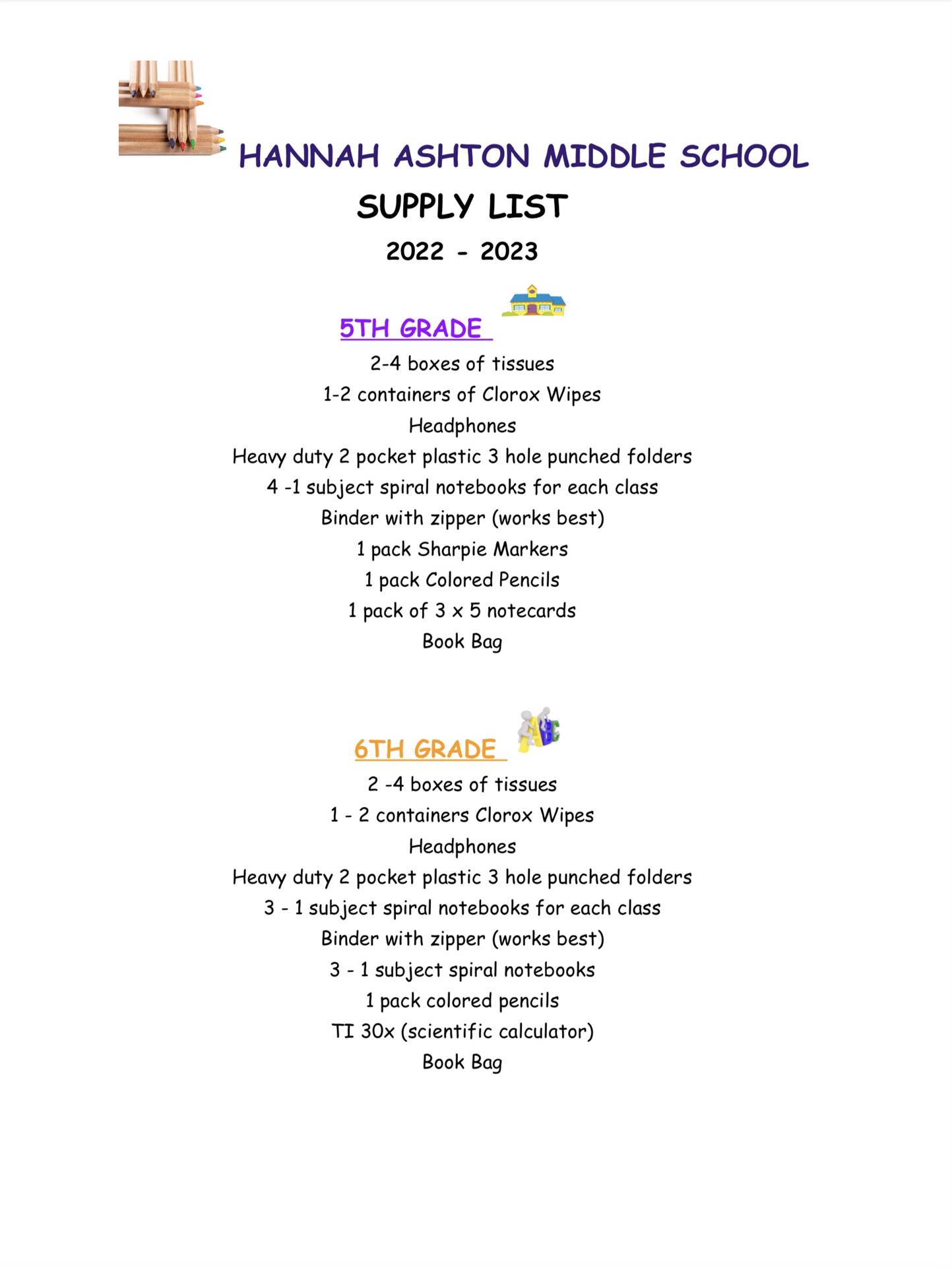 Supply List for 5th and 6th Grade