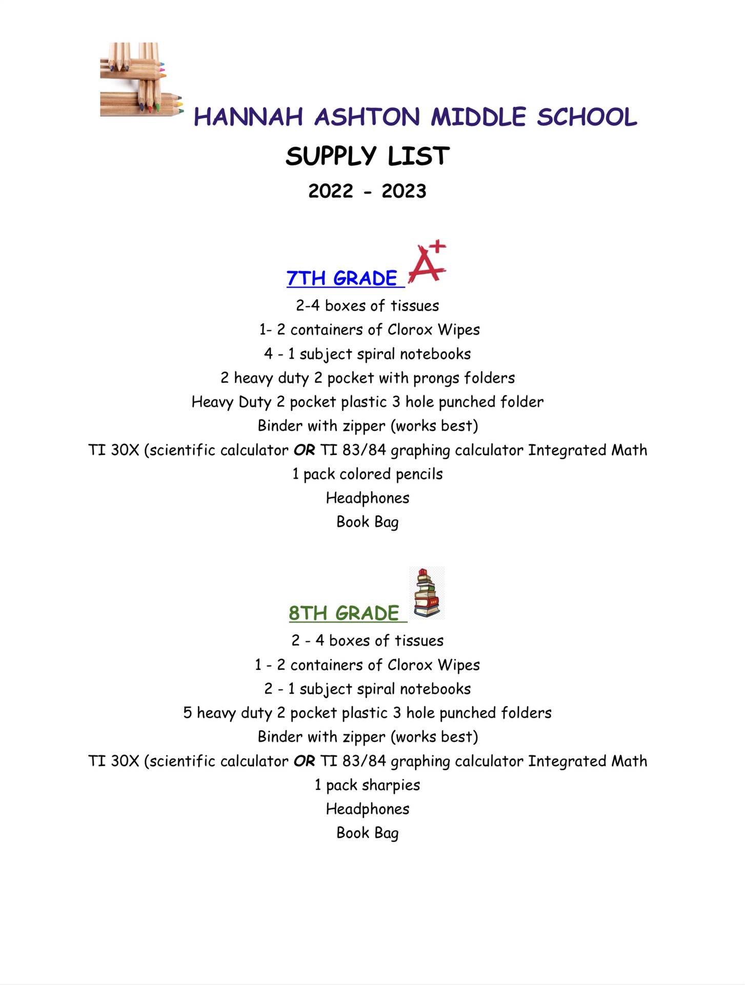 Supply Lists for 7th and 8th Grade