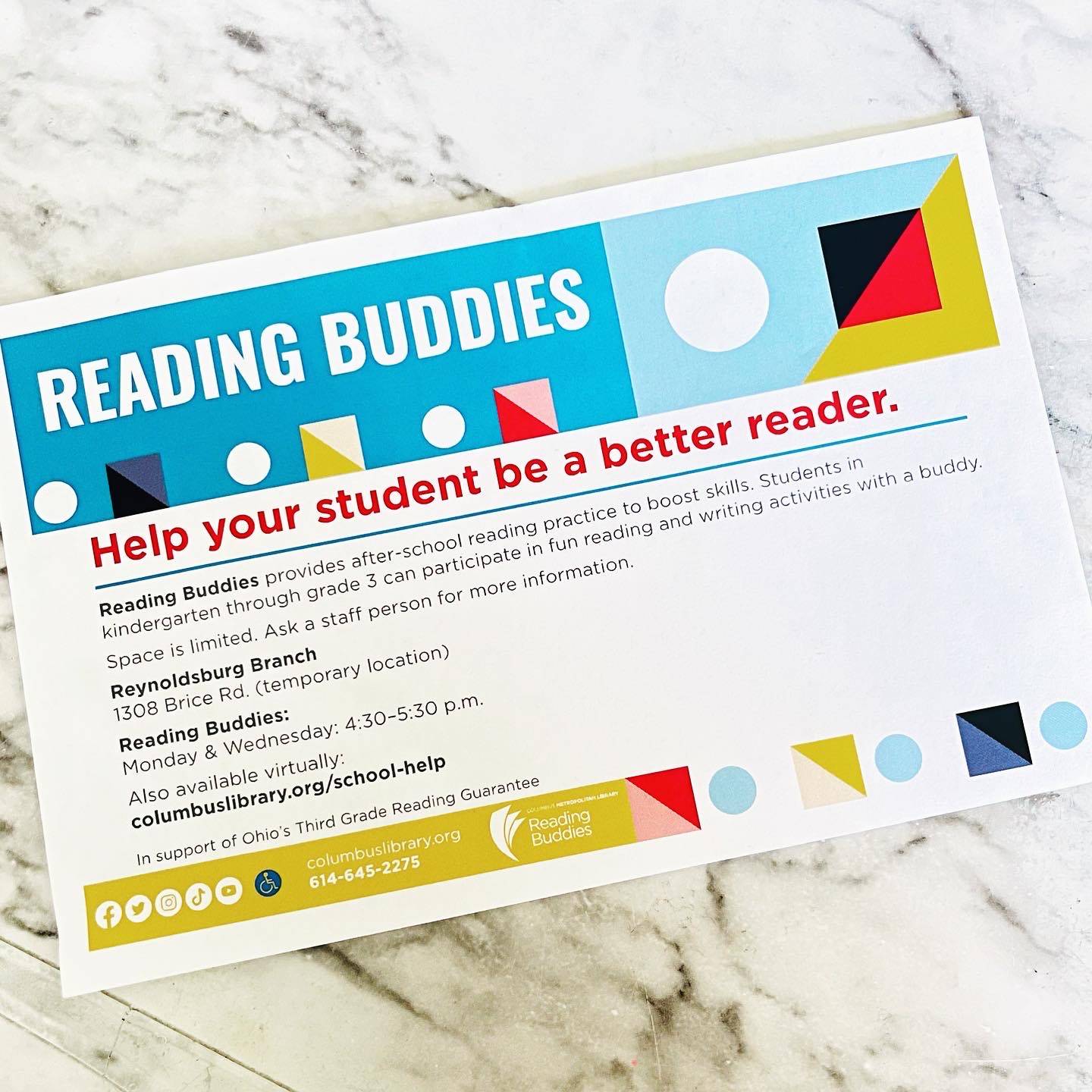 Paper flier for the Reading Buddies program