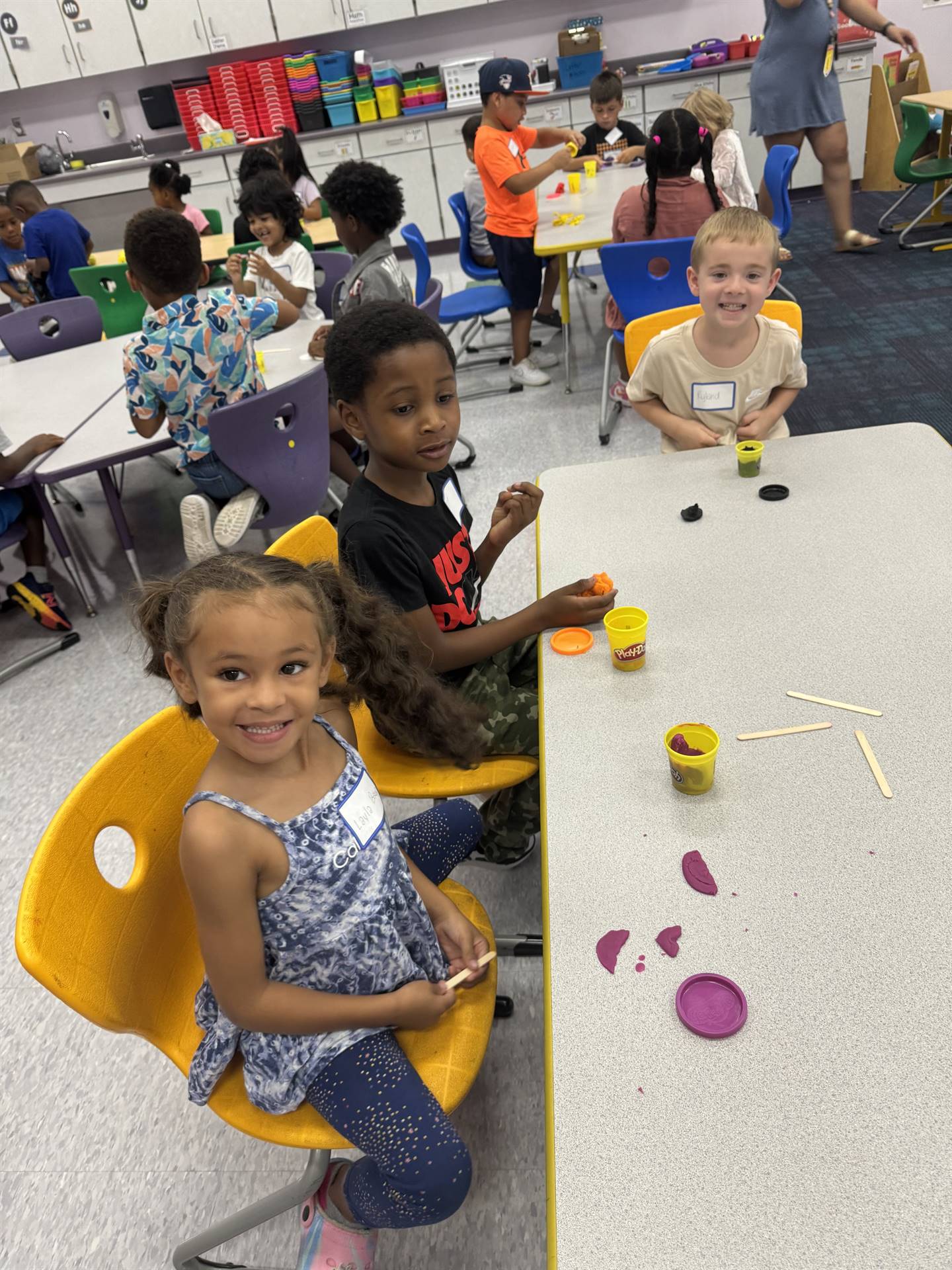 Kindergarteners are excited to meet one another.
