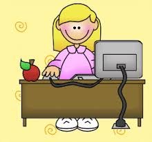 clipart of blonde lady sitting behind desk using computer. 