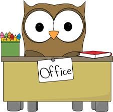 clipart of cartoon owl sitting behind office desk. 